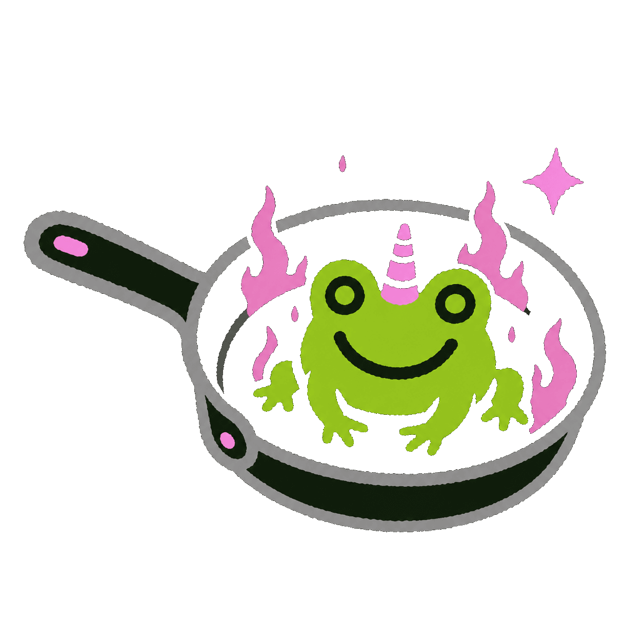 Happy frog chilling in a pan with pink flames